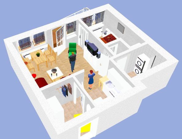 3D-Modell der Ferienwohnung Langwald-Moltkau in Bremerhaven 3D-Ansicht einer Wohnung mit Wohnzimmer, Küche, und Schlafzimmer.