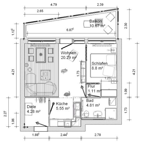 Grundriss der Ferienwohnung Langwald-Moltkau in Bremerhaven Grundriss einer Wohnung mit Wohnzimmer, Küche, Schlafzimmer und Bad.
