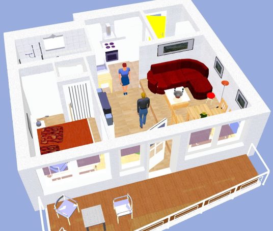 3D-Modell der Ferienwohnung Langwald-Moltkau in Bremerhaven 3D-Ansicht eines Wohnzimmers mit roten Möbeln und hellem Holzfußboden.
